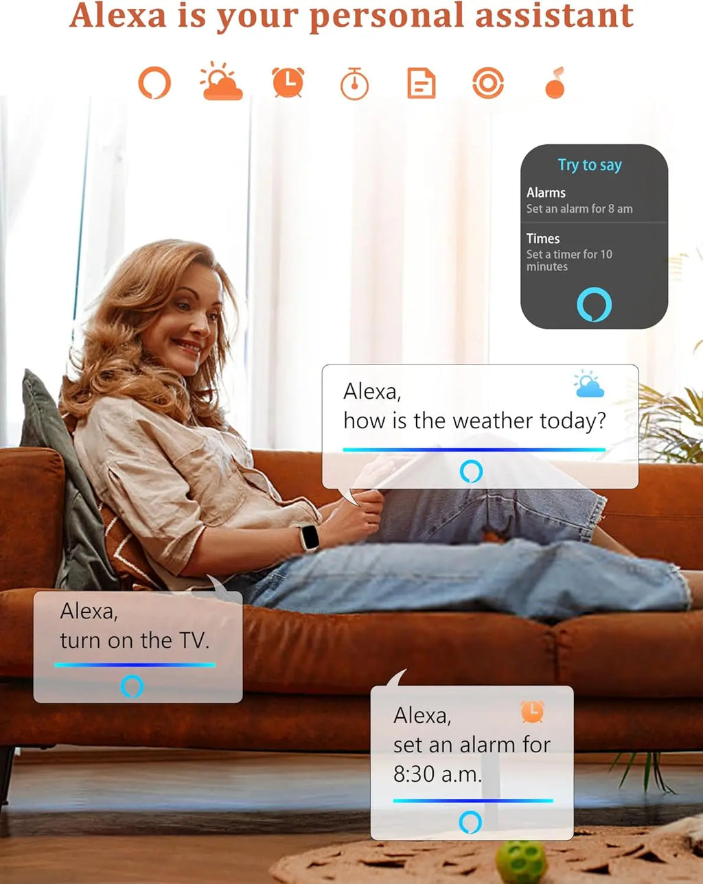 Woman using Alexa voice commands on smartwatch for weather and alarms