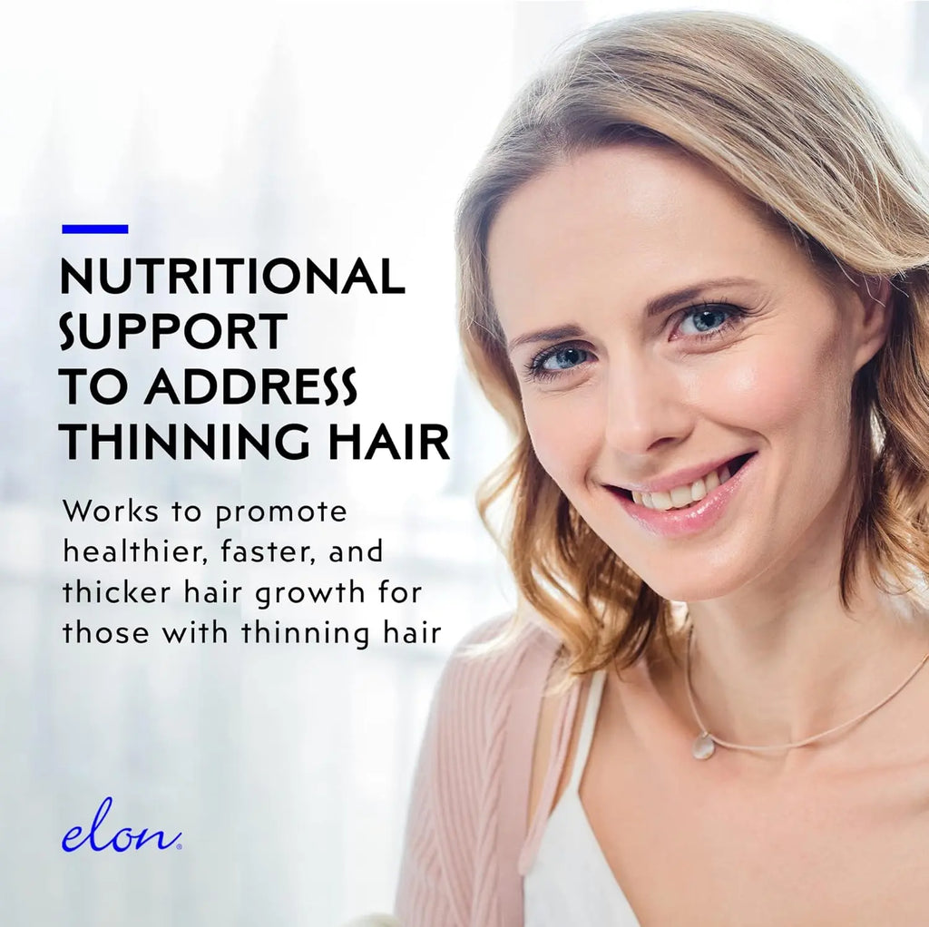 Woman with blonde hair smiling while text highlights nutritional support for thinning hair