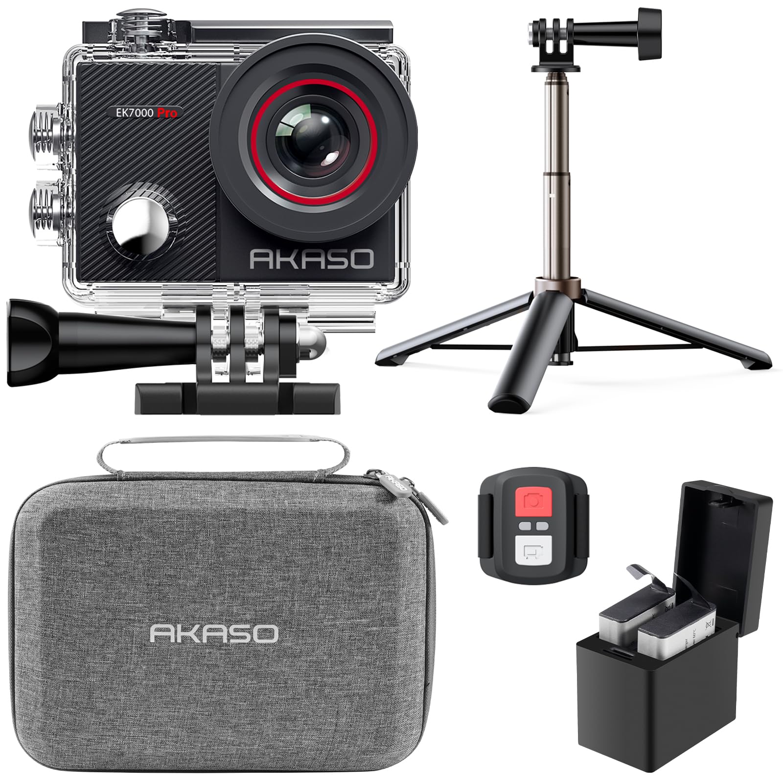 AKASO EK7000 Pro 4K Sports Camera with MicroSDXC Card 128GB, 20MP WiFi Action Sports Camera with Touch Screen, EIS Stabilizer, Remote Control, 170° Adjustable Angle, 40M Waterproof and 2 Batteries