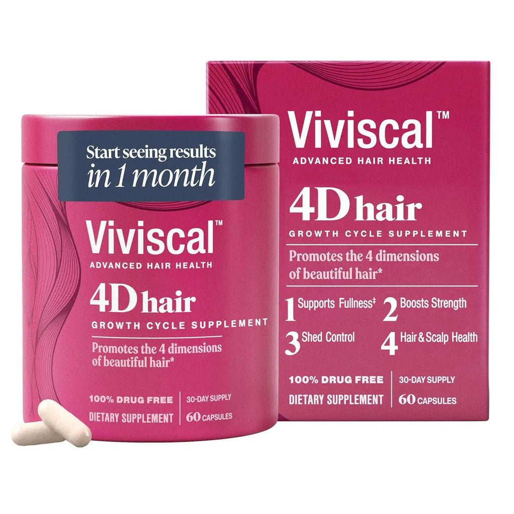 Viviscal 4D hair health supplement pink container and box set with two white capsules on white background