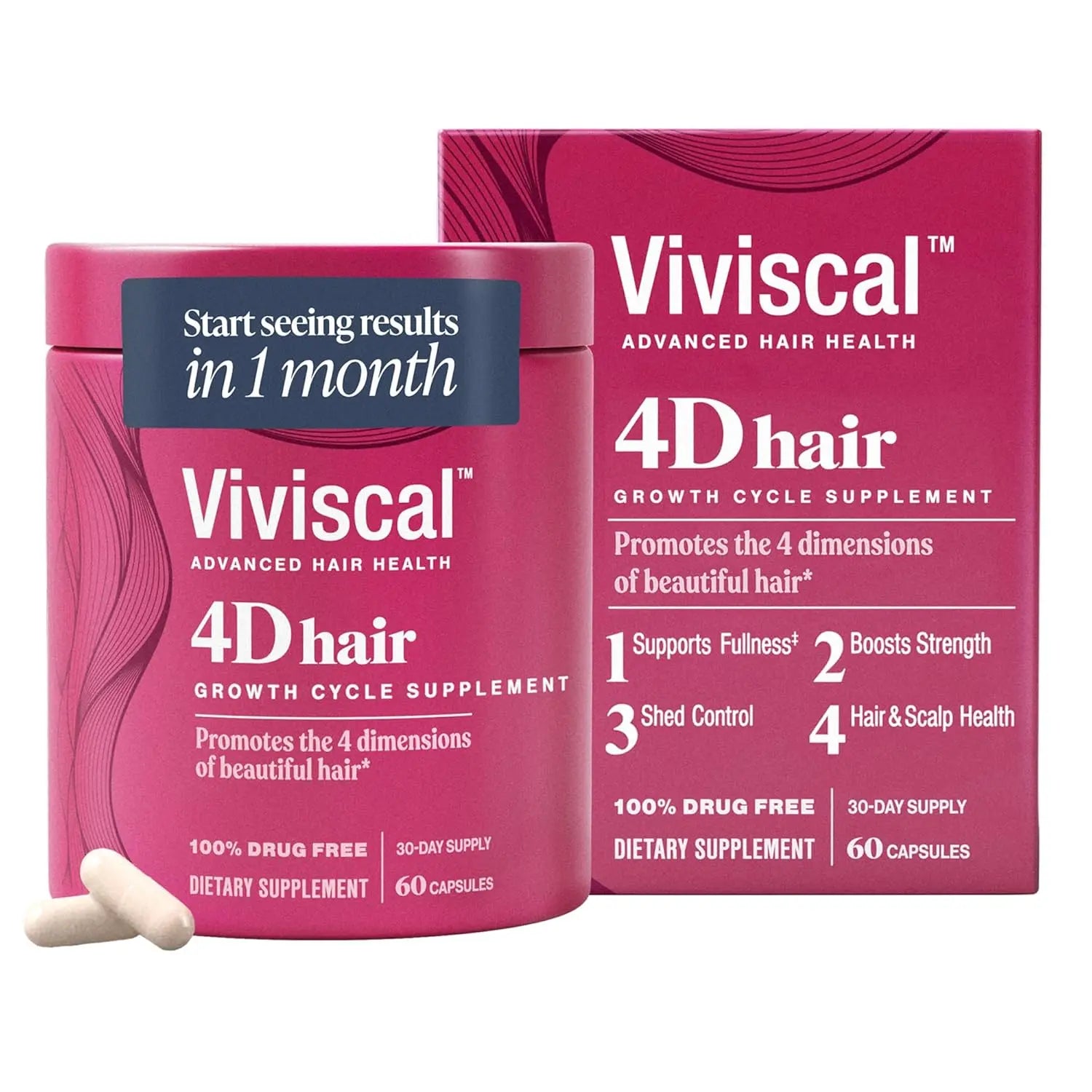 Viviscal 4D hair health supplement pink container and box set with two white capsules on white background
