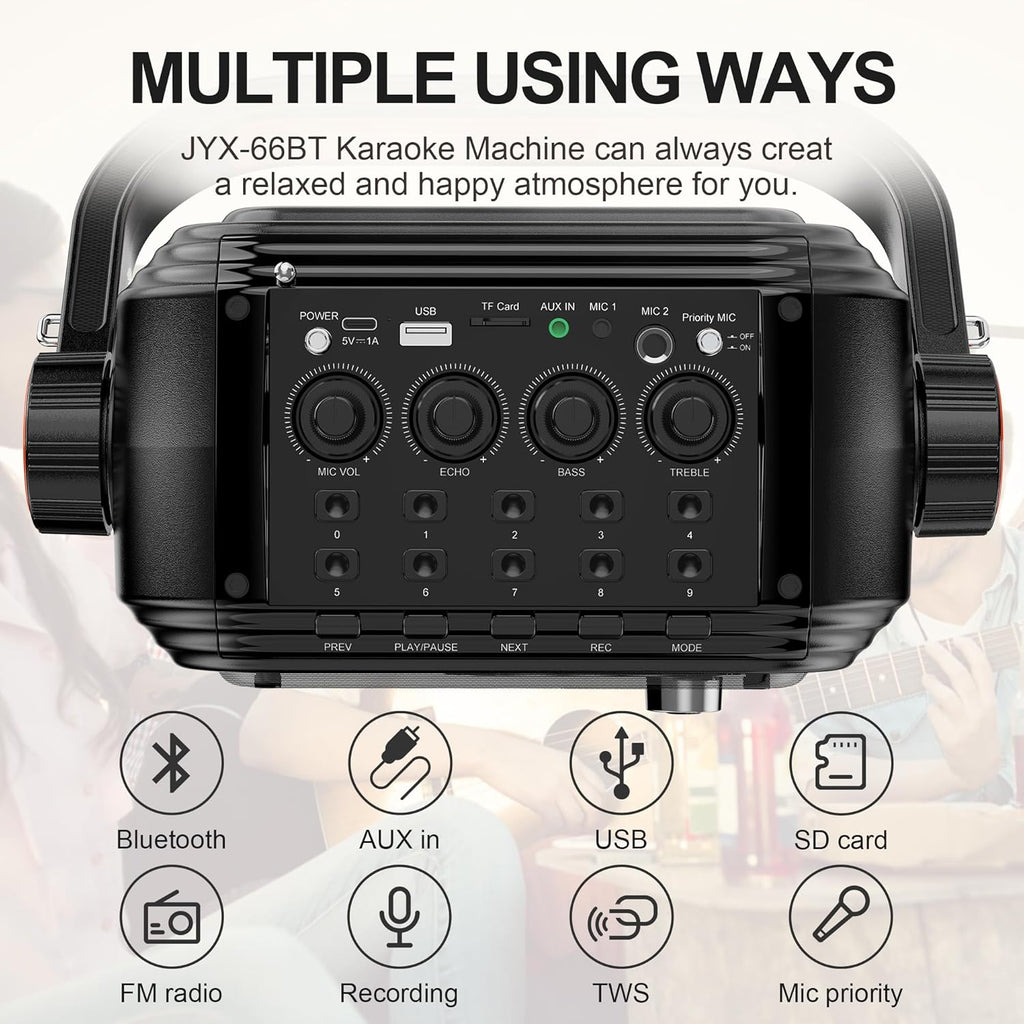 JYX Karaoke Machine Portable Microphone Speaker Set Bluetooth 5.0 Rechargeable PA System with FM Radio, Audio Recording, Remote Control, Supports TF Card/USB