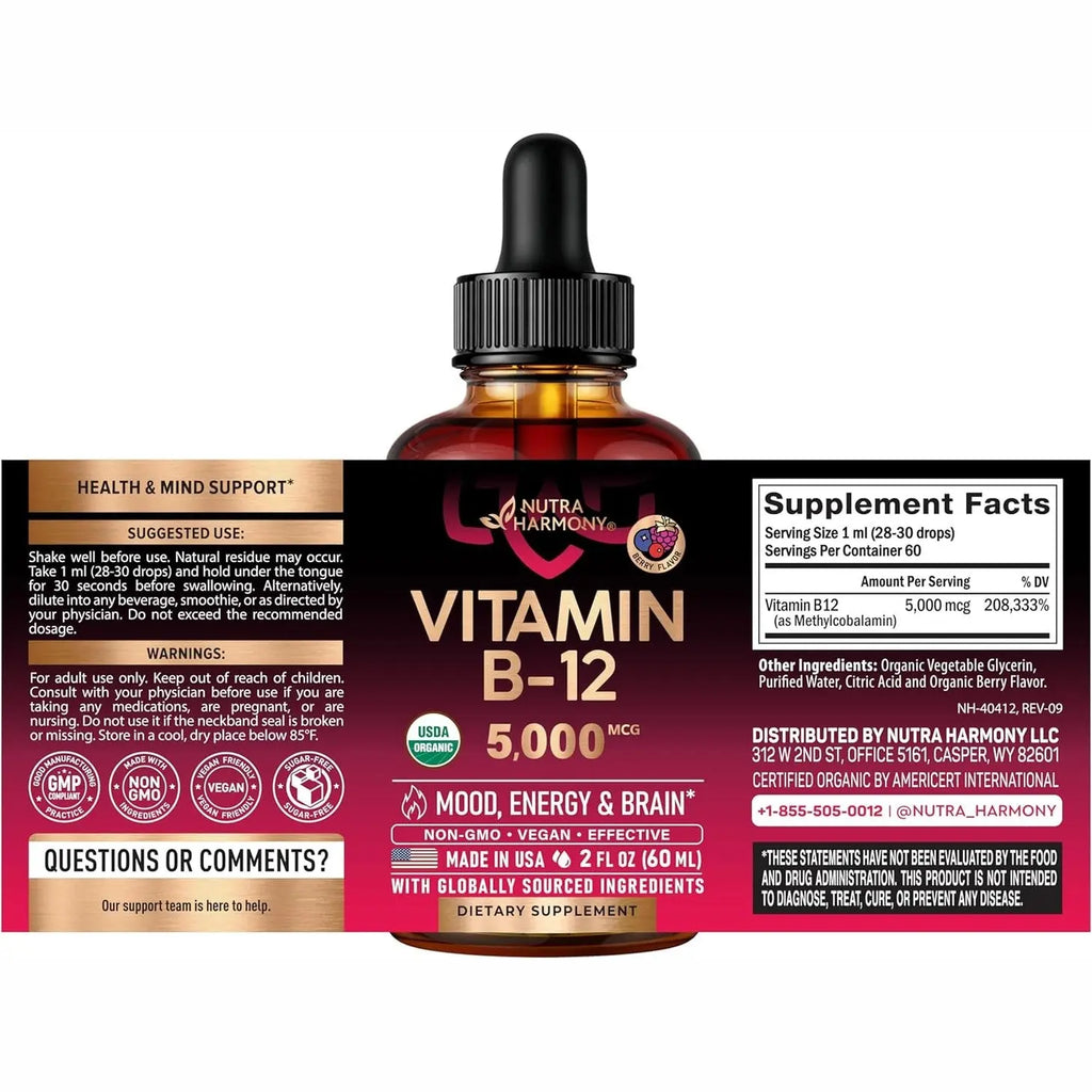 USDA Organic Vitamin B12 Sublingual Drops - 5000 mcg Liquid Vegan Methylcobalamin for Women & Men - Energy Boost, Focus & Mood, Brain Health Support - Maximize Absorption - 2 Month Supply, 2 fl oz