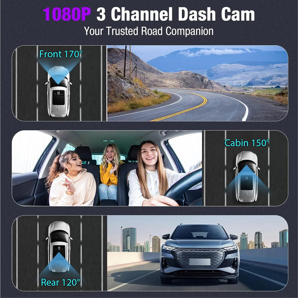1080P 3-channel dash cam covering front, cabin, and rear views