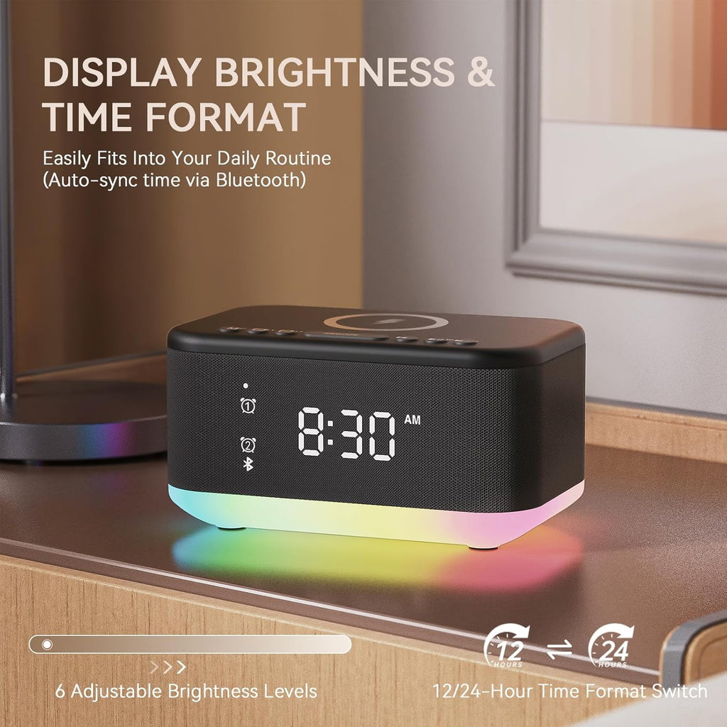 Wireless Charging Alarm Clock Bedroom, Loud Digital Alarm Clocks Bedrooms, Alarm Clock Night Light Speaker 8W Snooze Dual Alarm 12/24H Adjustable Brightness Dimmer Bluetooth, Black