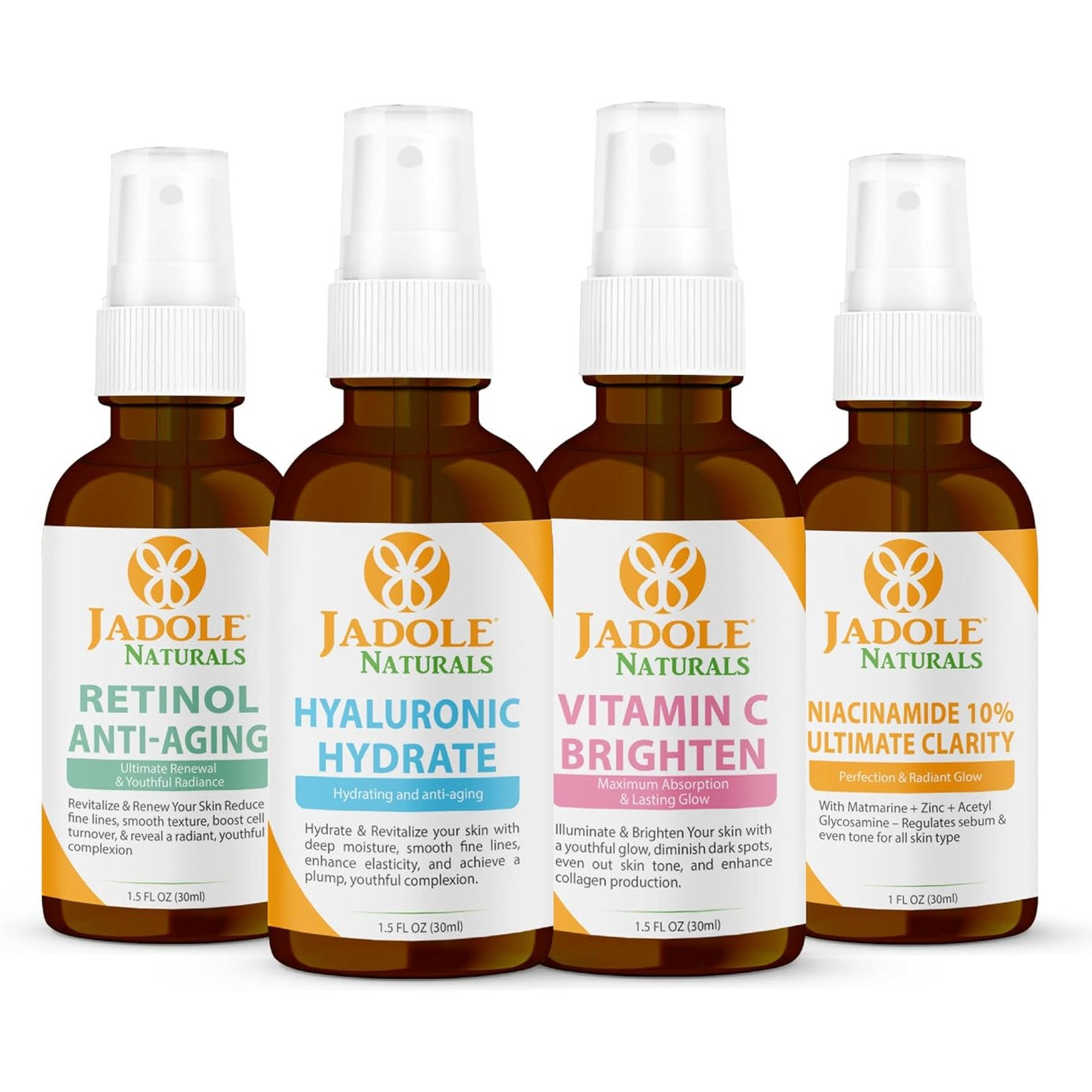 Jadole Naturals Quartet Anti- Aging Serum Set (Each 30ml) | Vitamin C, Retinol, Niacinamide & Hyaluronic Acid | Boosts Brightness, Fights Aging, Hydrates, Enhances Skin Clarity & Moisturizes Skin