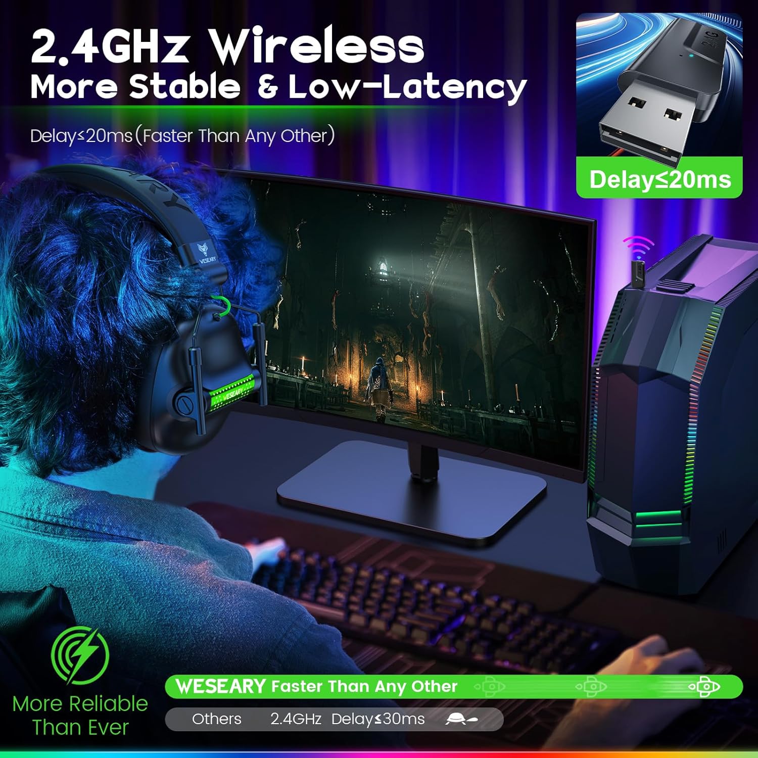 WESEARY WG2 Wireless Gaming Headsets with Microphone for PS5, PS4, PC, Switch, Mac, Crystal Stereo Bluetooth Headphones, PS5 Headset Wireless 2.4GHz with Lossless Audio, 50 Hr Battery, Cool RGB