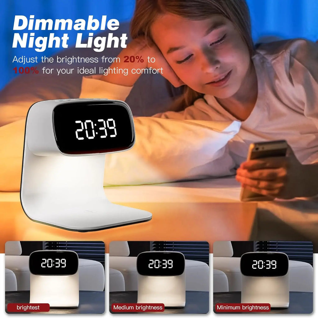 YIDPU Digital Alarm Clock with Wireless Fast Charging Station 15W Touch Smart Lamp for Bedside,3 Colors Nightlight Adjustment Night Lamp for Living Room,Bedside,Heavy Sleepers (White+Cable&Adapter)