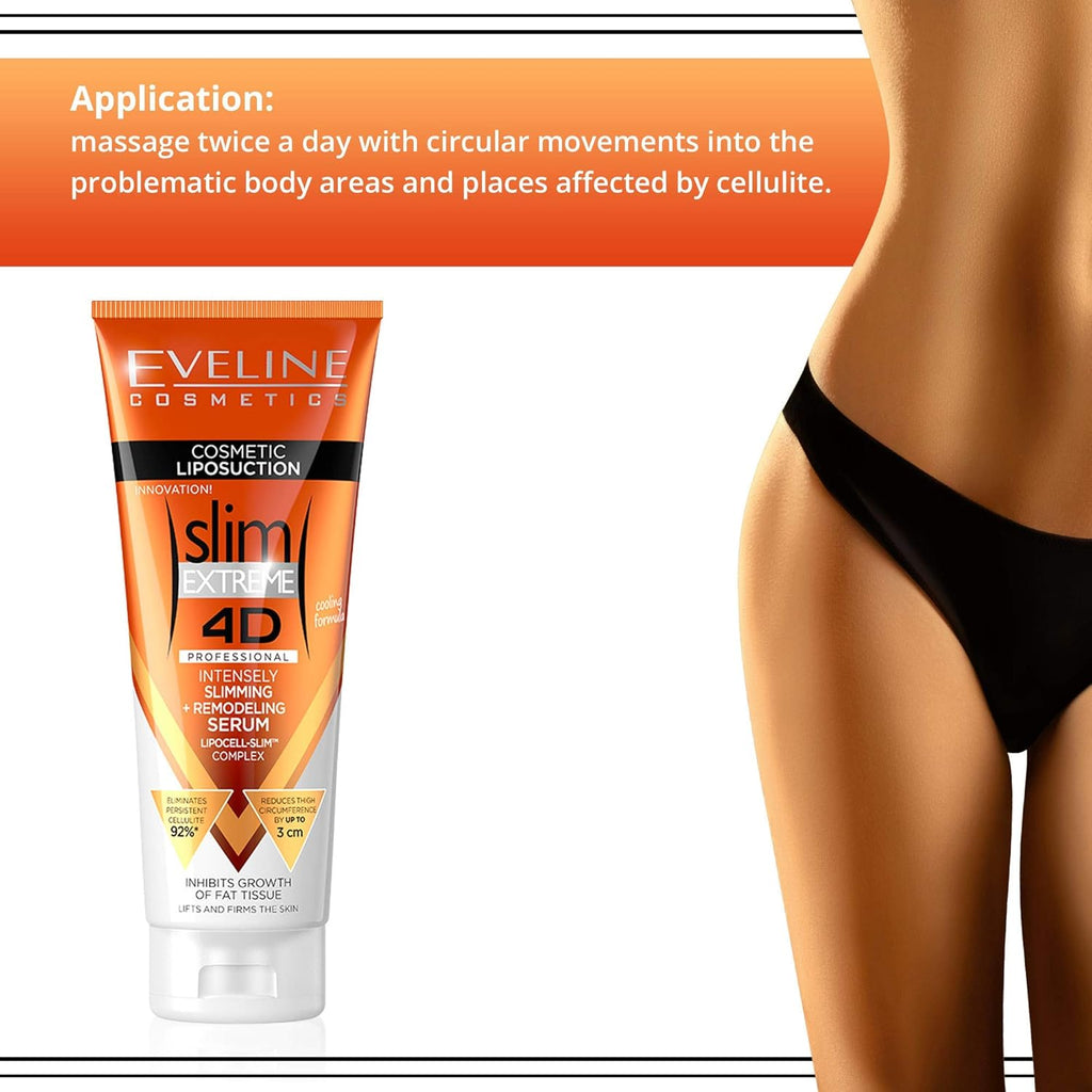 Eveline Cosmetics Slim Extreme 4D Professional Intensely Slimming + Remodeling Serum | 250 ml | Fat Burning Cellulite Slimming Hot Cream | Cooling Formula | Flat Belly, Slim Arms, Legs, Abdomen