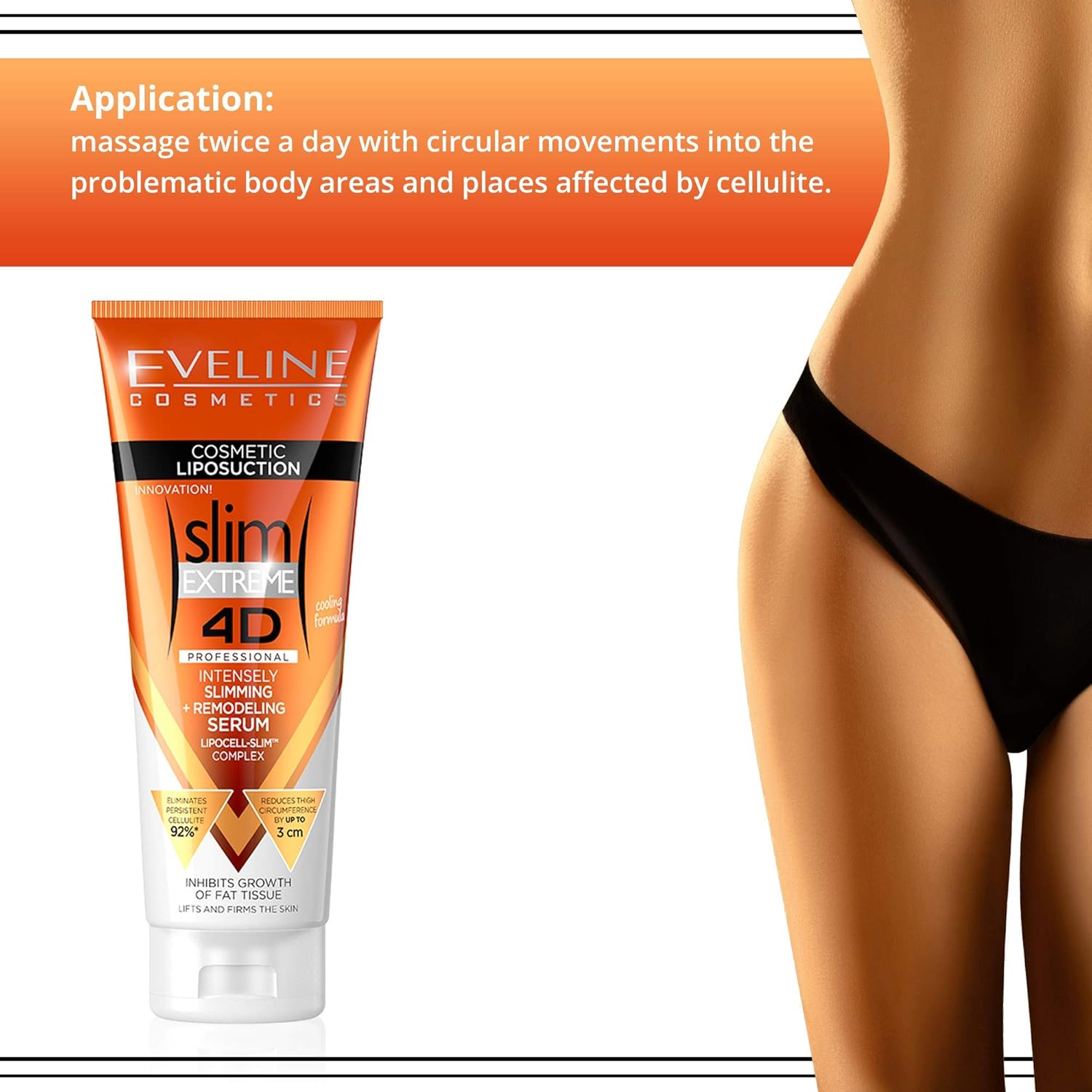 Eveline Cosmetics Slim Extreme 4D Professional Intensely Slimming + Remodeling Serum | 250 ml | Fat Burning Cellulite Slimming Hot Cream | Cooling Formula | Flat Belly, Slim Arms, Legs, Abdomen