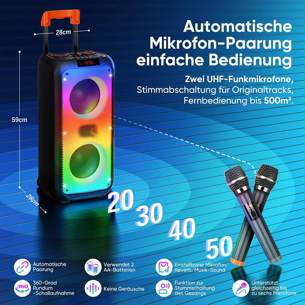 Karaoke Machine, Hukkmela Portable Karaoke System, Rechargeable 8000mAh Battery with 2 UHF Wireless Microphones, Compatible with TF/USB/AUX, Bluetooth 5.3 TWS & LED Mode