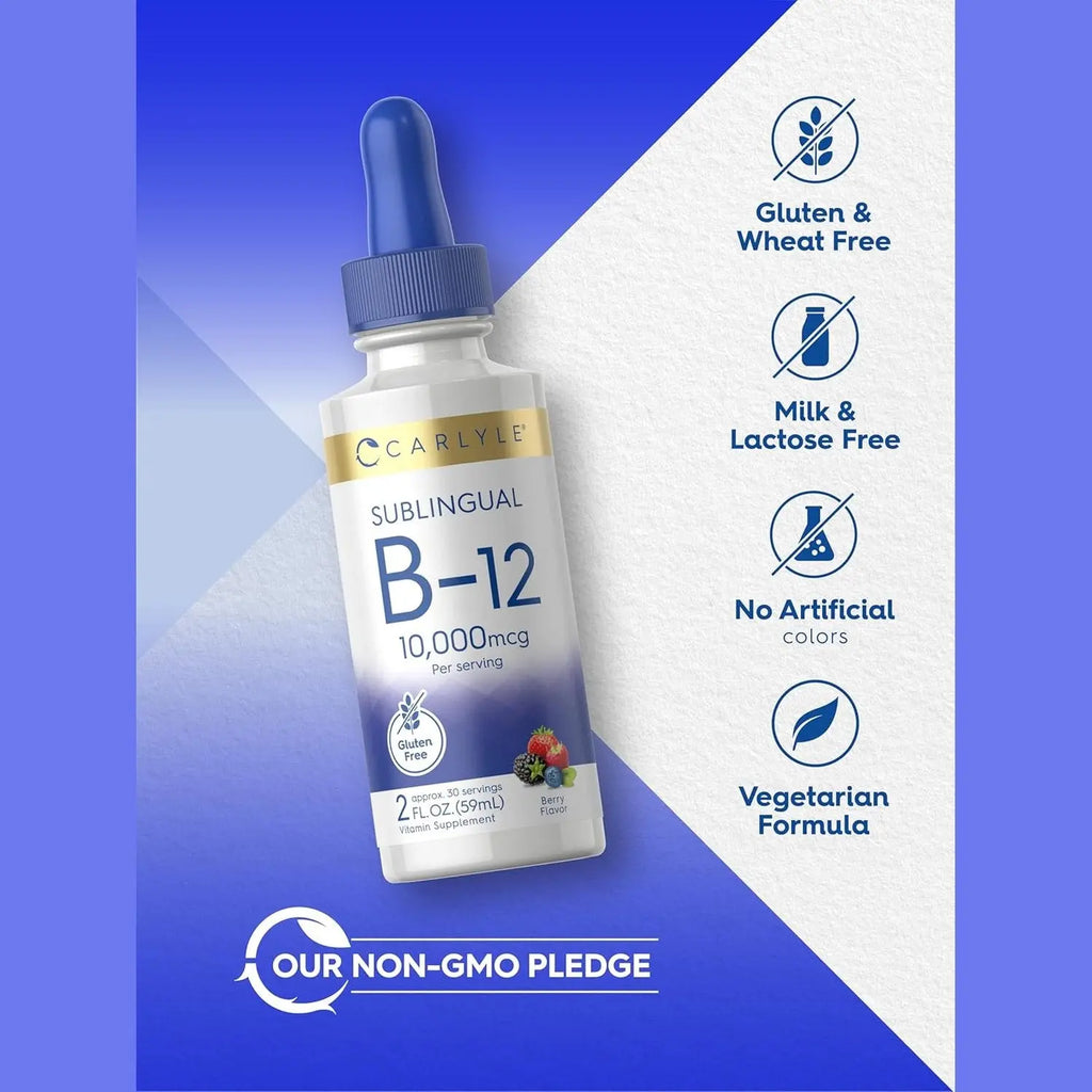 Carlyle Vitamin B12 Sublingual Liquid Drops | 10,000mcg | 2 fl oz | Vegetarian, Non-GMO, Gluten Free