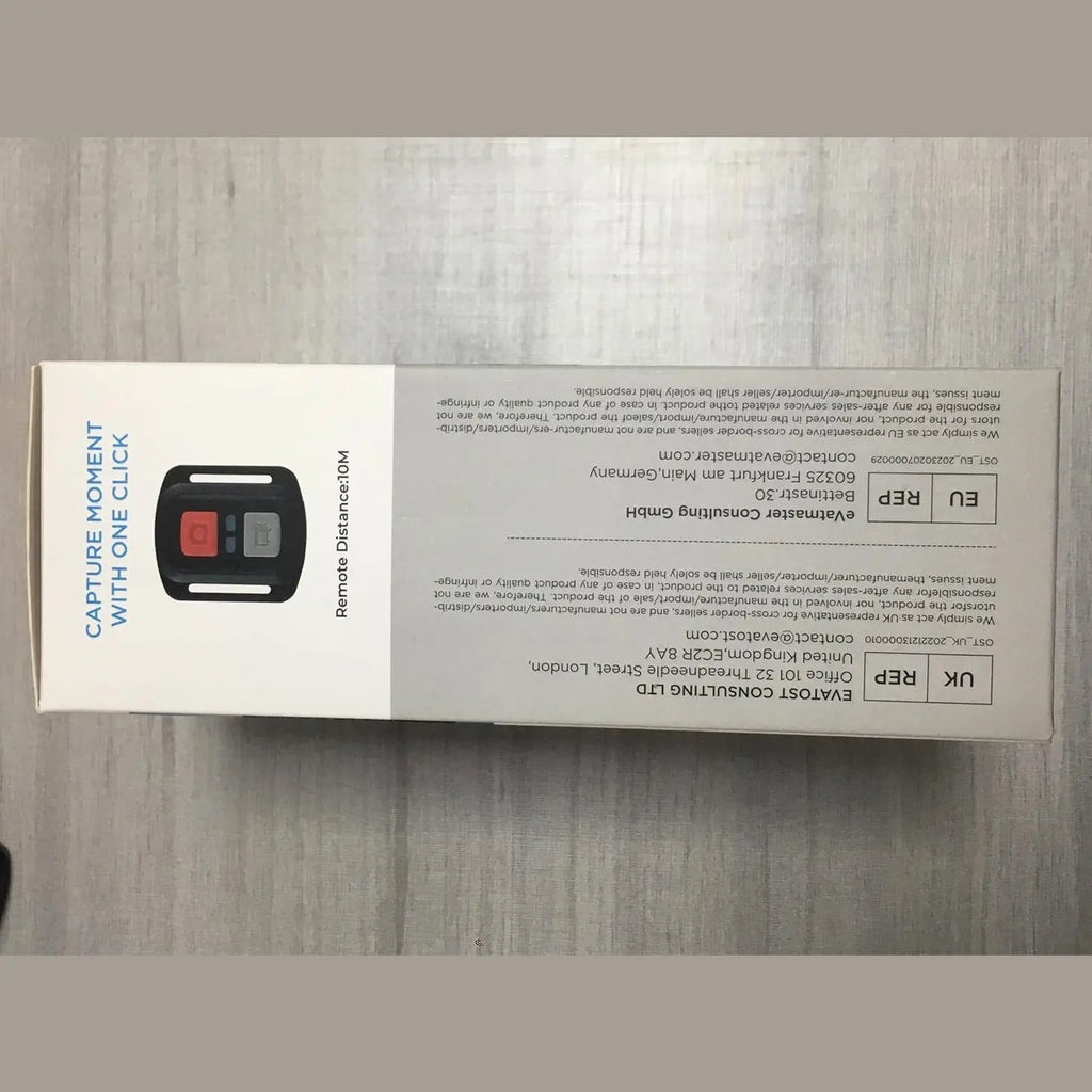 Back of TIMNUT action camera box showing remote control range and regulatory compliance marks