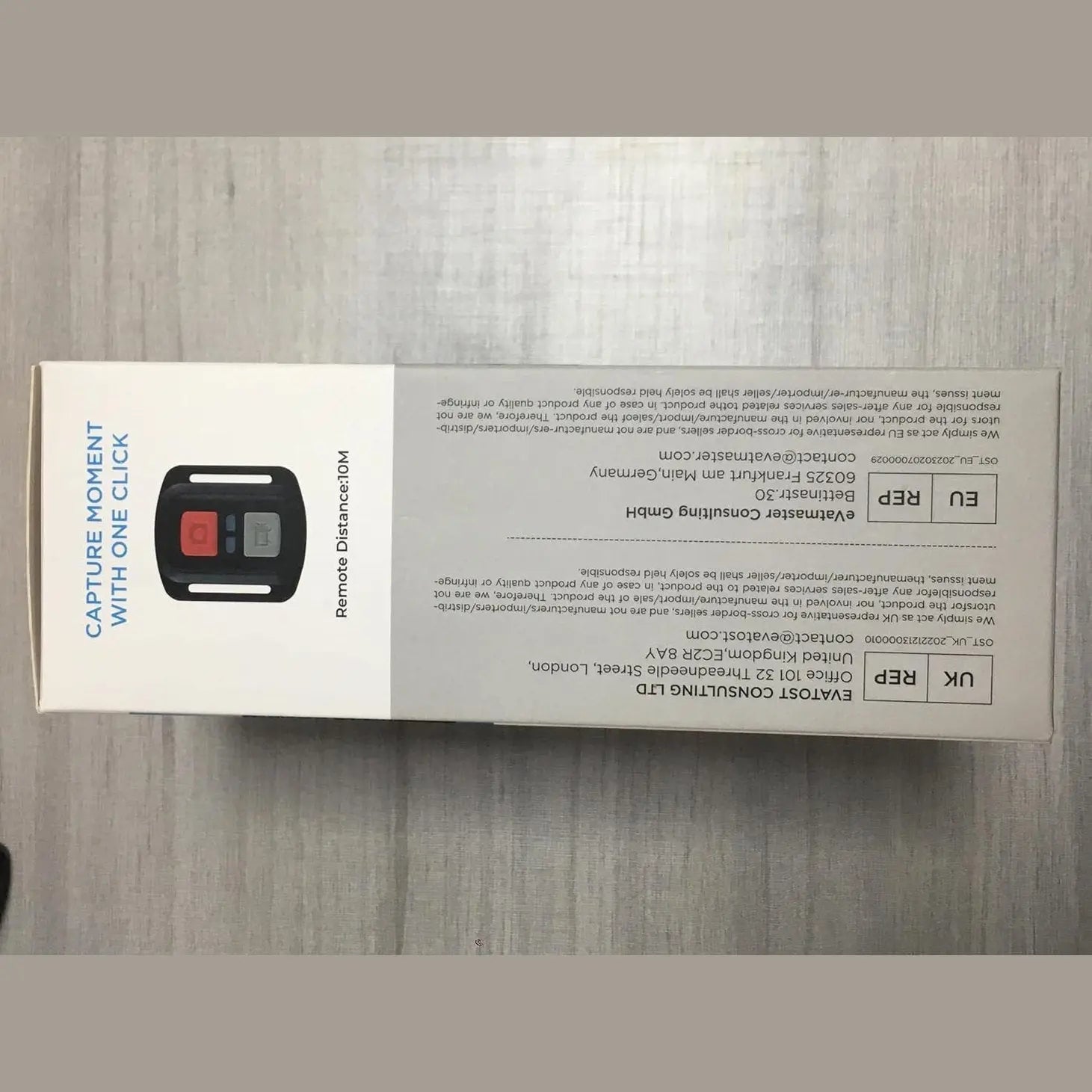 Back of TIMNUT action camera box showing remote control range and regulatory compliance marks
