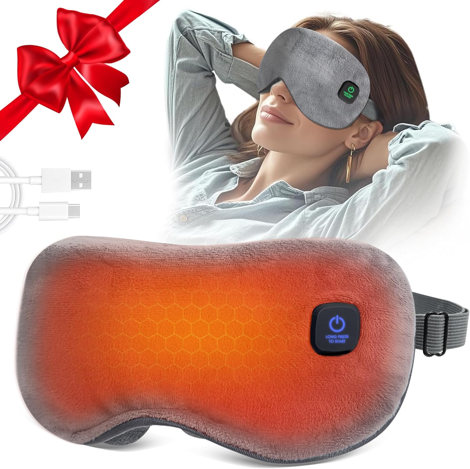 Heated Eye Mask, BOYUNSHI Cordless Eye Mask for Dry Eyes and Fatigue, 3 Heat Levels Rechargeable Warm Eye Compress with Adjustable Strap, Ideal Gifts for Women & Men, Sleep, Travel, Washable