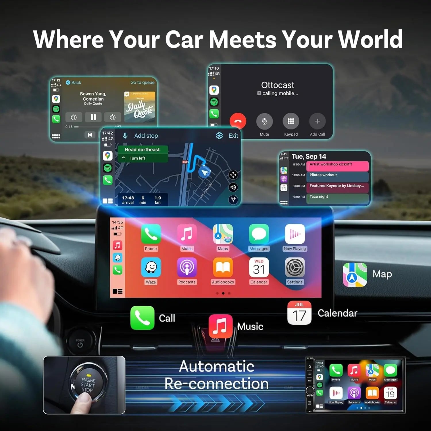 Car dashboard view showing seamless CarPlay interface with automatic reconnection feature