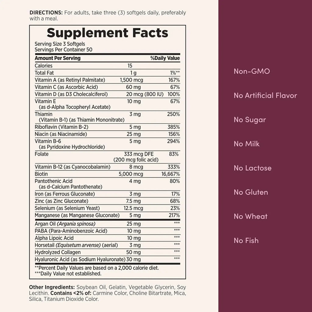 Nature's Bounty Advanced Hair, Skin & Nails, Argan-Infused Vitamin Supplement with Biotin and Hyaluronic Acid, 150 Rapid Release Softgels, 50 Total Servings