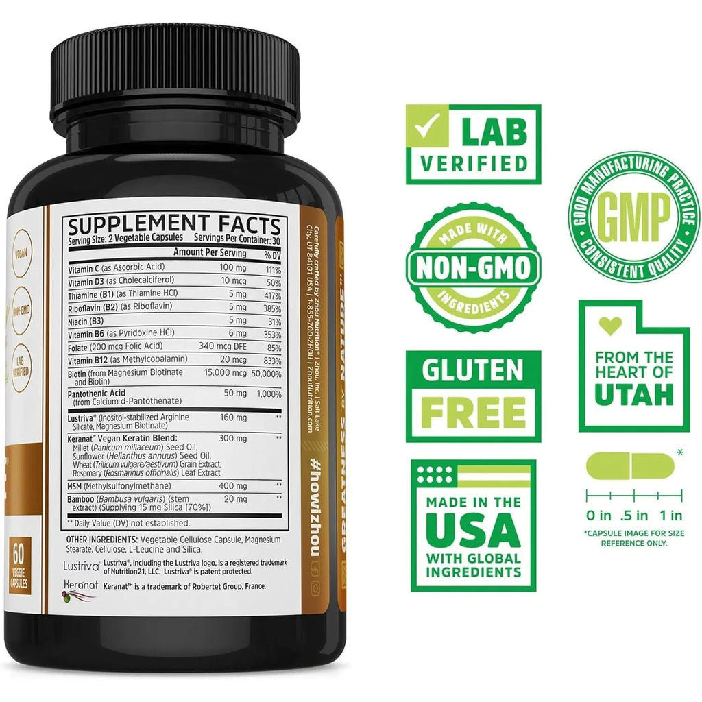 Zhou Hairfluence - Vegan Biotin Supplement for Hair Growth for Men & Women, Supports Stronger, Healthier Hair, Nails, & Glowing Skin with Lustriva & B Vitamin Complex - 60 Veggie Capsules (Pack of 1)