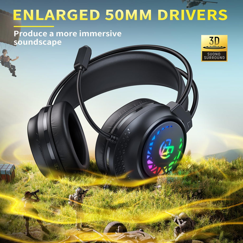 Tatybo Gaming Headset for Ps5 Ps4 Xbox Series X/S, Wired Gaming Headphones for Switch Xbox One PC Stereo Surround Sound Noise Cancelling Mic LED Lights