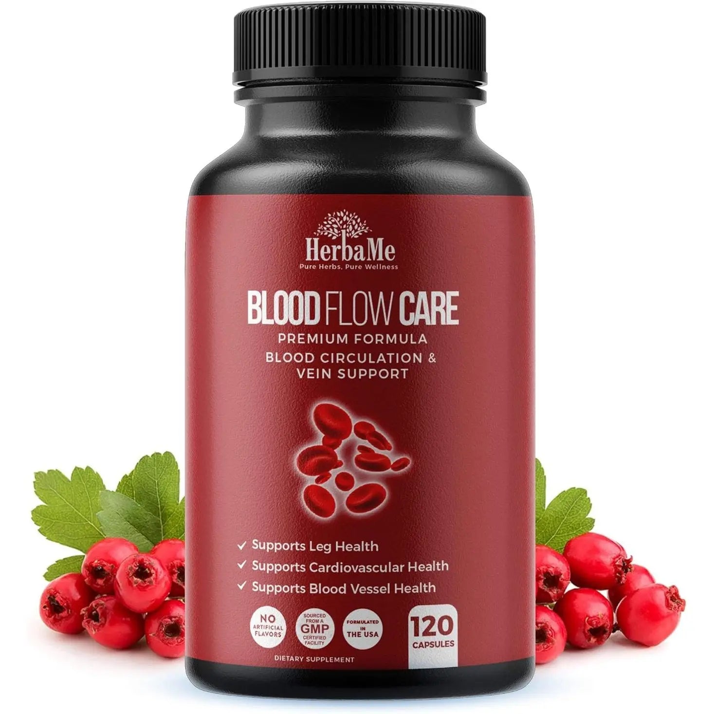HerbaMe Blood Flow Care 120 capsule bottle with red berries and green leaves