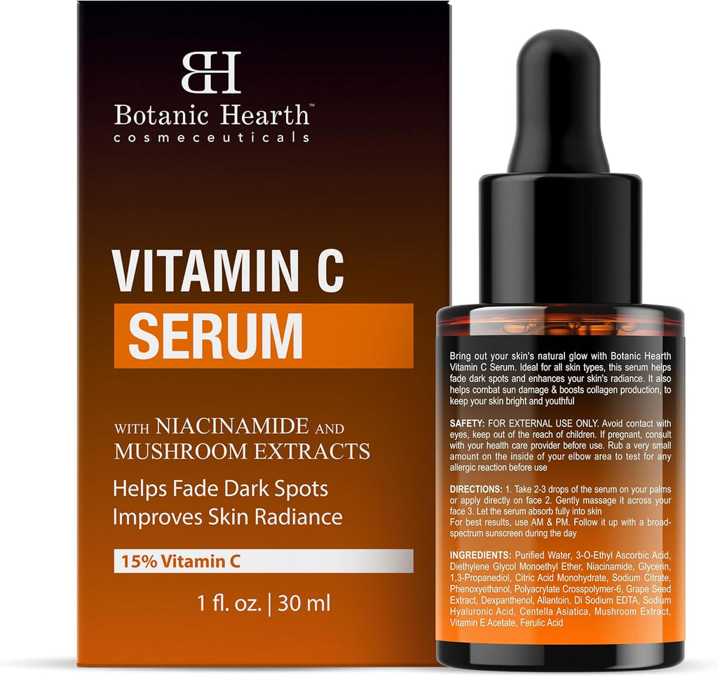 Botanic Hearth 15% Vitamin C Face Serum with Niacinamide, Hyaluronic Acid, Allantoin, Cica, Ferulic Acid & Vitamin E | Targets Dark Spots, Sun Damage, Wrinkles to Brighten & Even Tone Skin| 1fl oz