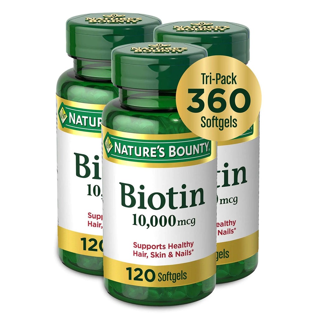 Nature's Bounty Biotin Hair Skin and Nails Vitamins, Supports Healthy Hair, Skin and Nails, 10,000 mcg, 120 Softgels (Pack of 1)