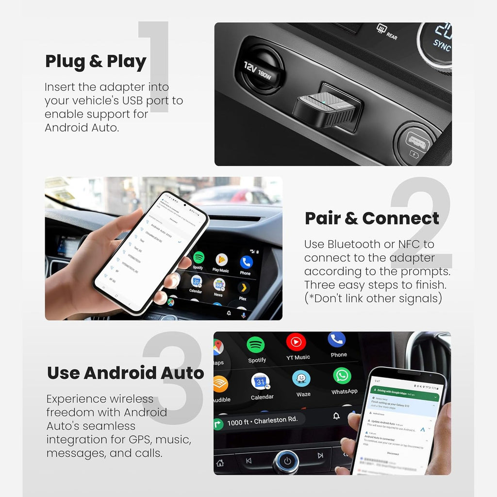 ByteWave Android Auto Wireless Adapter UK, 2025 Wireless Android Auto Adapter [Easy Setup Plug&Play Latency-Free] Converts OEM Wired to Wireless, Compatible with OEM Android Auto Equipped Vehicles