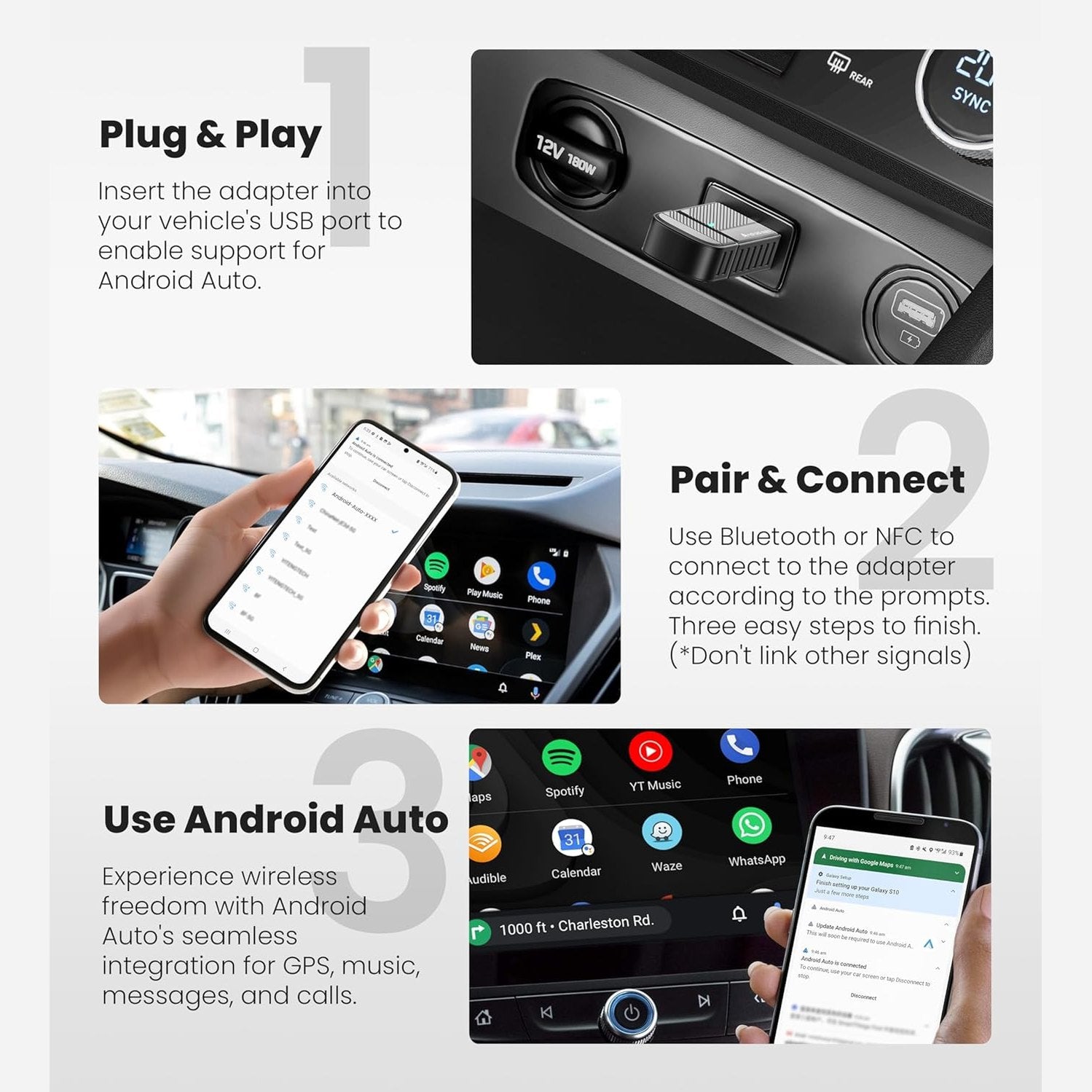 ByteWave Android Auto Wireless Adapter UK, 2025 Wireless Android Auto Adapter [Easy Setup Plug&Play Latency-Free] Converts OEM Wired to Wireless, Compatible with OEM Android Auto Equipped Vehicles