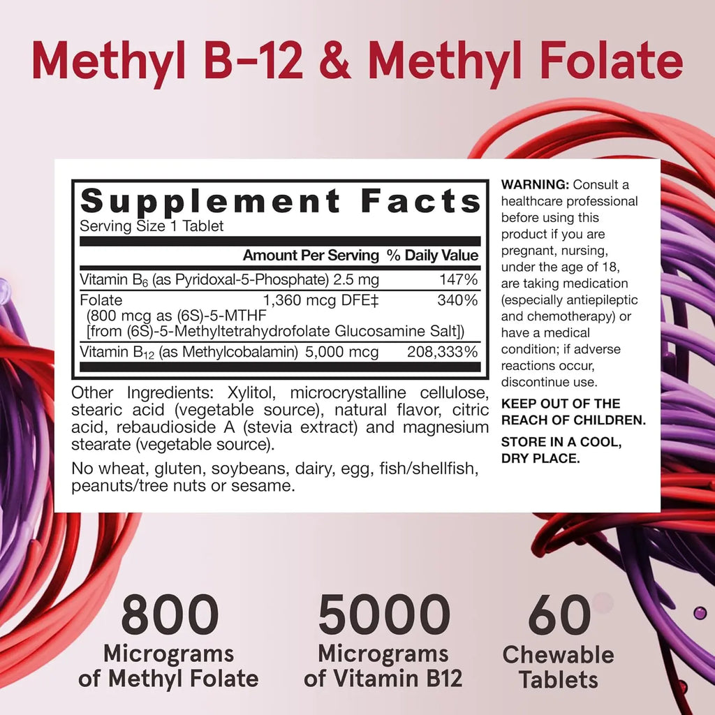 Jarrow Formulas Methyl B-12 & Methyl Folate, Bioactive Vitamin B9 and Vitamin B12 Supplement, Supports Cellular Energy Production, Healthy Brain Function & Metabolism, 60 Chewable Tablets, 60 Servings