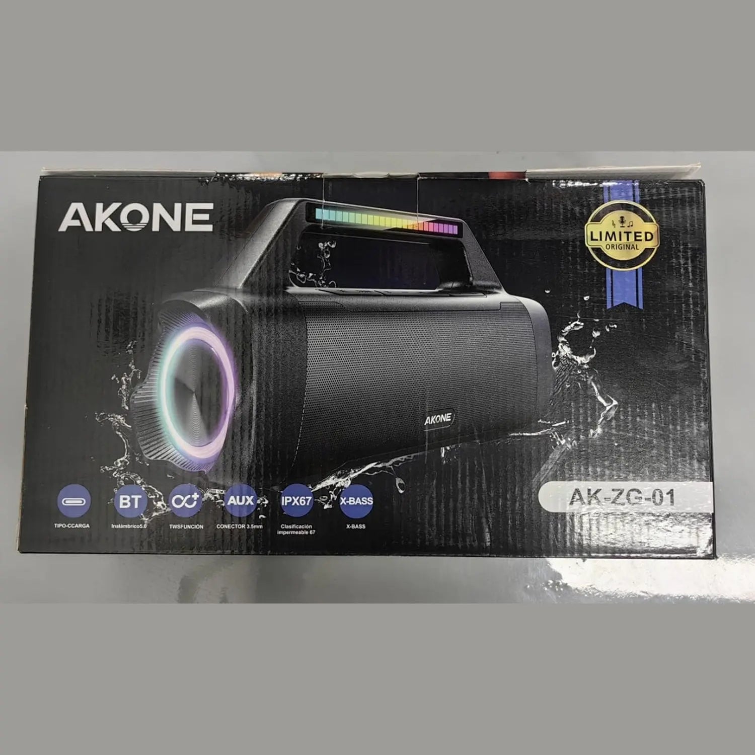 AKONE AK-ZG-01 black speaker box packaging showing LED features and waterproof rating
