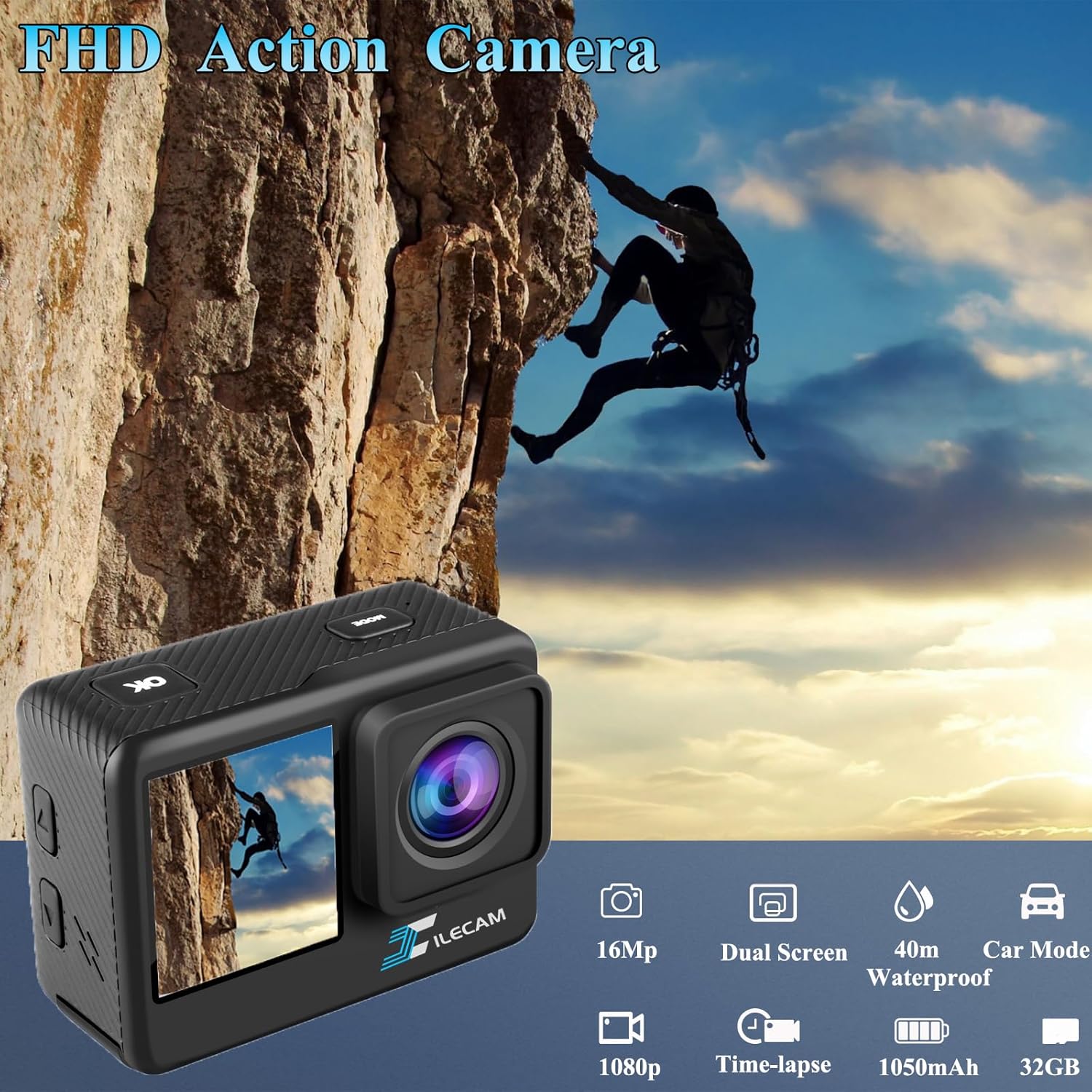Dual Screen Action Cam 1080P 32GB Map Waterproof Camera, 4x Zoom, 131ft (40m), Waterproof Underwater Camera with 2 x 1050mAh Battery and Multifunctional Accessories