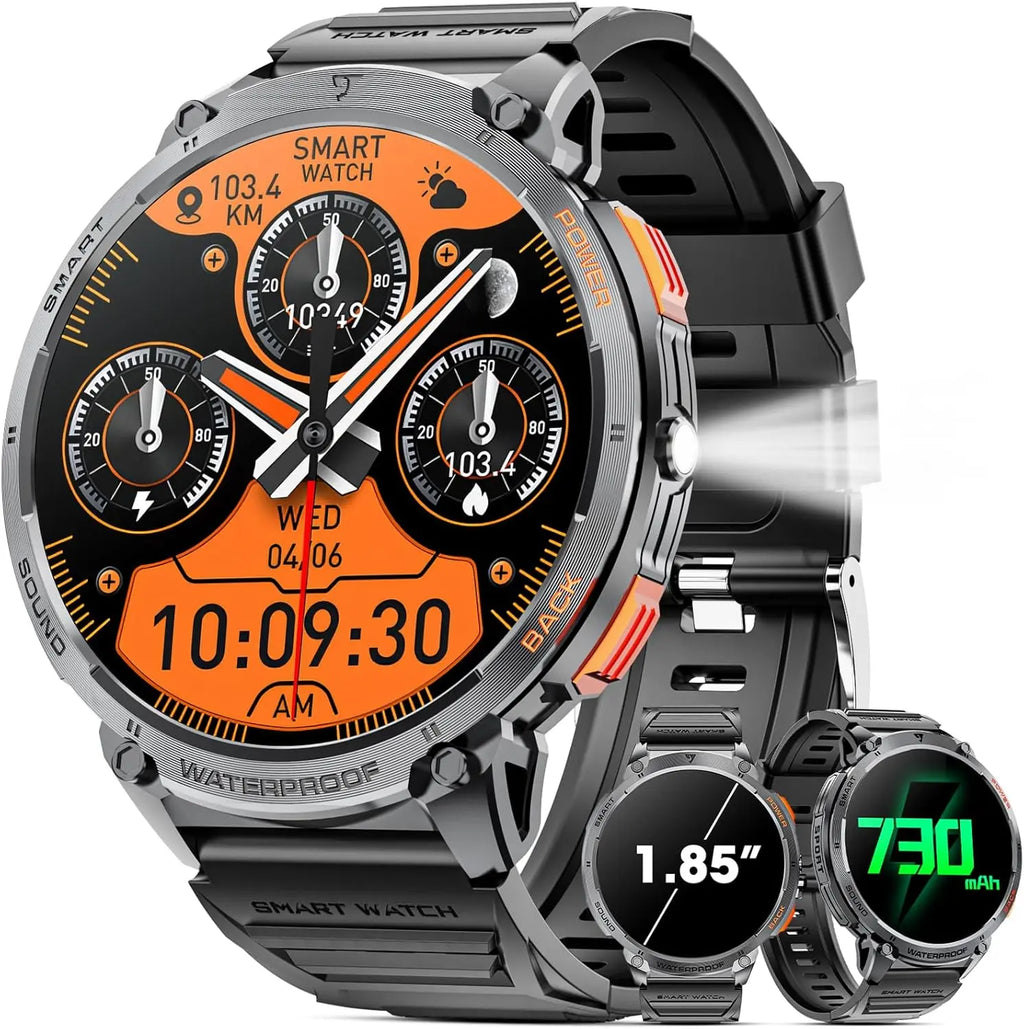 mingwear Military Smart Watch for Men 1.85" HD Touch Screen 730mAh Battery Smart Watches with LED Flashlight for Android iOS （Bluetooth Call Answer/Dial Calls） Fitness Tracker