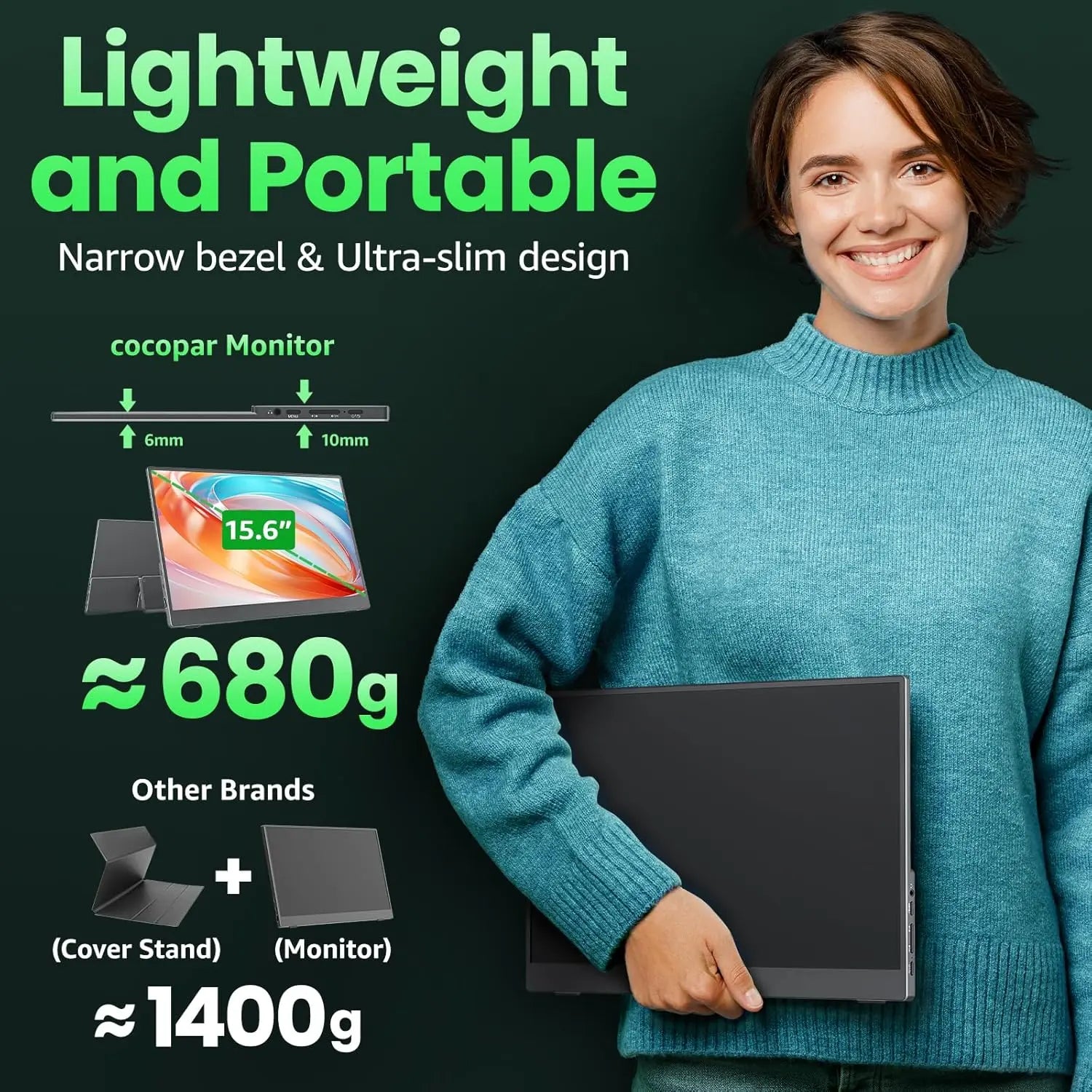 cocopar Portable Monitor 15.6 Inch 1080P Travel Monitor 85% sRGB with Speaker HDMI USB-C External Display for Laptop MacBook Surface PC Xbox PS4/5, VESA Mountable with Kickstand