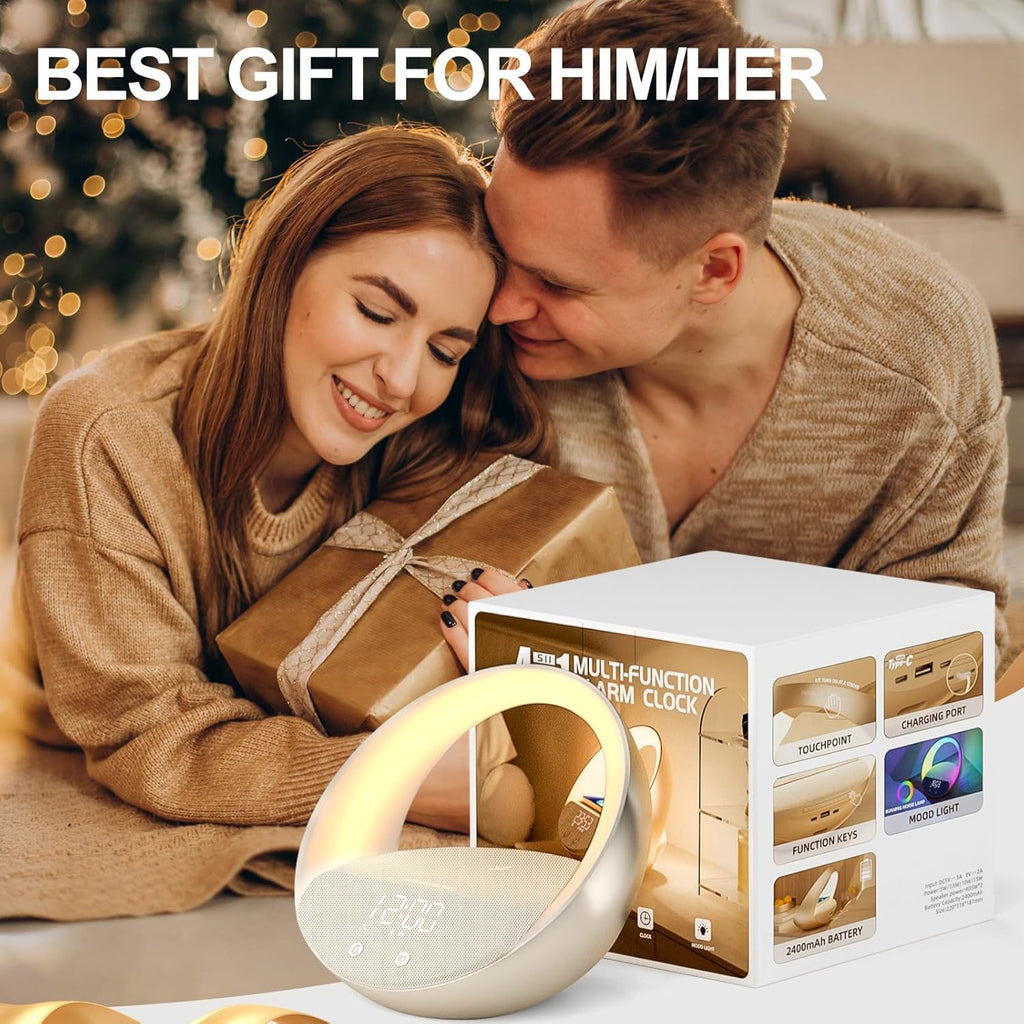 FUNFOR Bluetooth Speaker with Wireless Charger, Sunrise Simulation Wake Up Night Light, 18W Fast Wireless Charging for Bedroom, Adjustable LED RGB Mode 12/24H Sleep Aid Snooze (Gold)