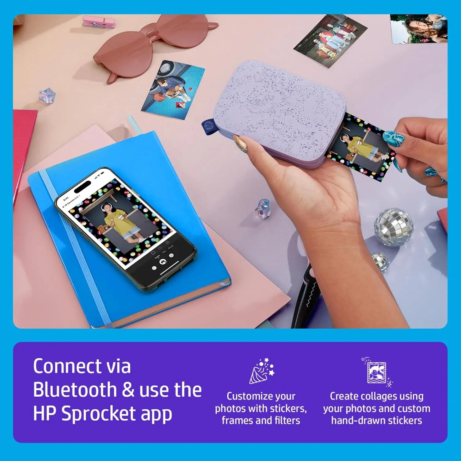 HP Sprocket Portable 2x3 inch Instant Photo Printer (Lilac) Print Pictures on Zink Sticky-Backed from your iOS & Android Device