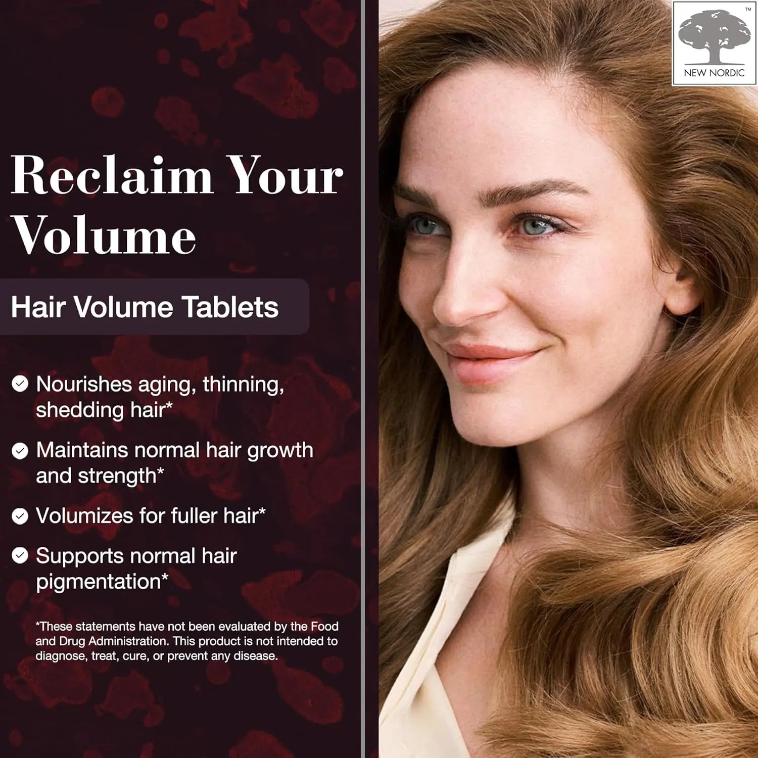 NEW NORDIC Hair Volume Tablets, 3000 mcg Biotin & Biopectin Apple Extract, Hair Vitamins to Support Natural Hair Growth, 90 Count (Pack of 1)