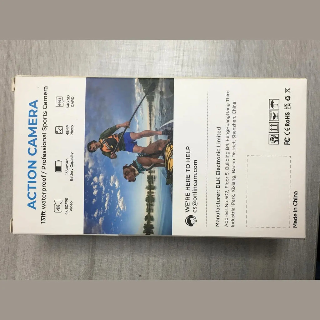 Back of TIMNUT action camera box listing 4K video, 48MP photo, and kayaking usage scenario