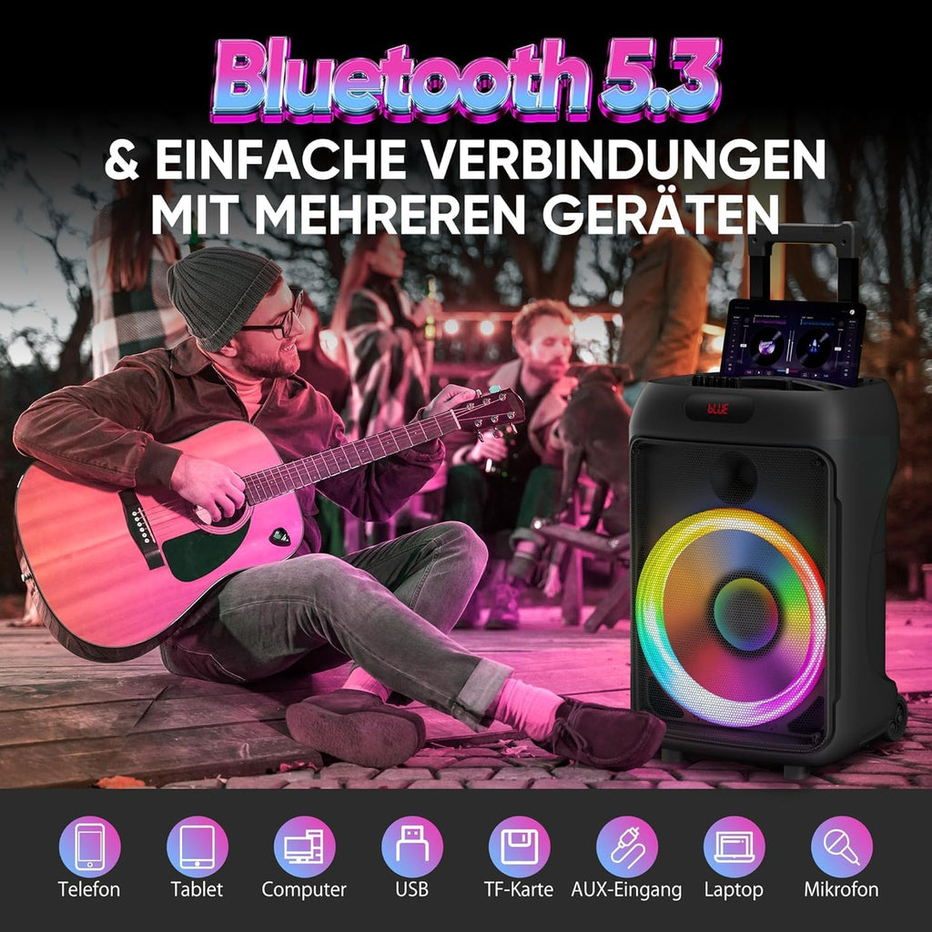 Karaoke Machine, Hukkmela Portable Karaoke System with 3 Microphones, Bass/Treble Adjustment, LED Lights, PA System, Supports REC/FM/AUX/USB/TF