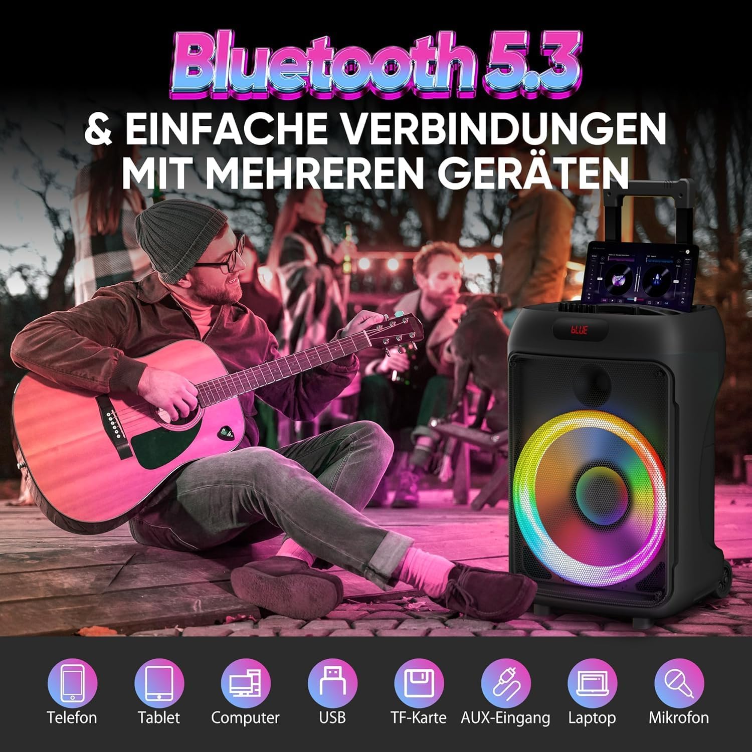 Karaoke Machine, Hukkmela Portable Karaoke System with 3 Microphones, Bass/Treble Adjustment, LED Lights, PA System, Supports REC/FM/AUX/USB/TF