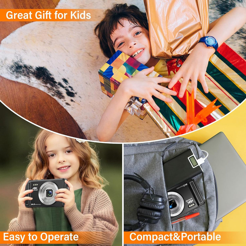 4K 64MP Digital Camera with 32GB SD Card for Photography, Auto Focus Portable Mini Compact Camera for Boys, Girls, Children, Beginners, Teenagers with 16X Digital Zoom and 2 Batteries