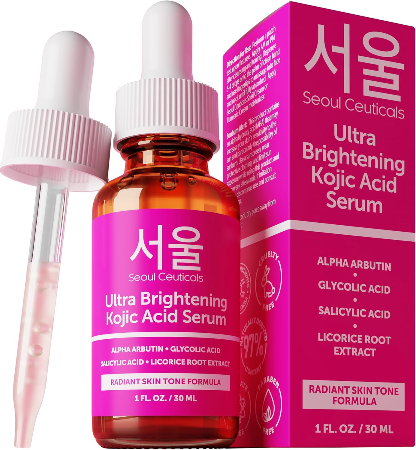SeoulCeuticals Korean Skin Care Kojic Acid Serum Alpha Arbutin Serum – Dark Spot Remover Corrector Glycolic Acid Serum + Salicylic Acid K Beauty 1oz