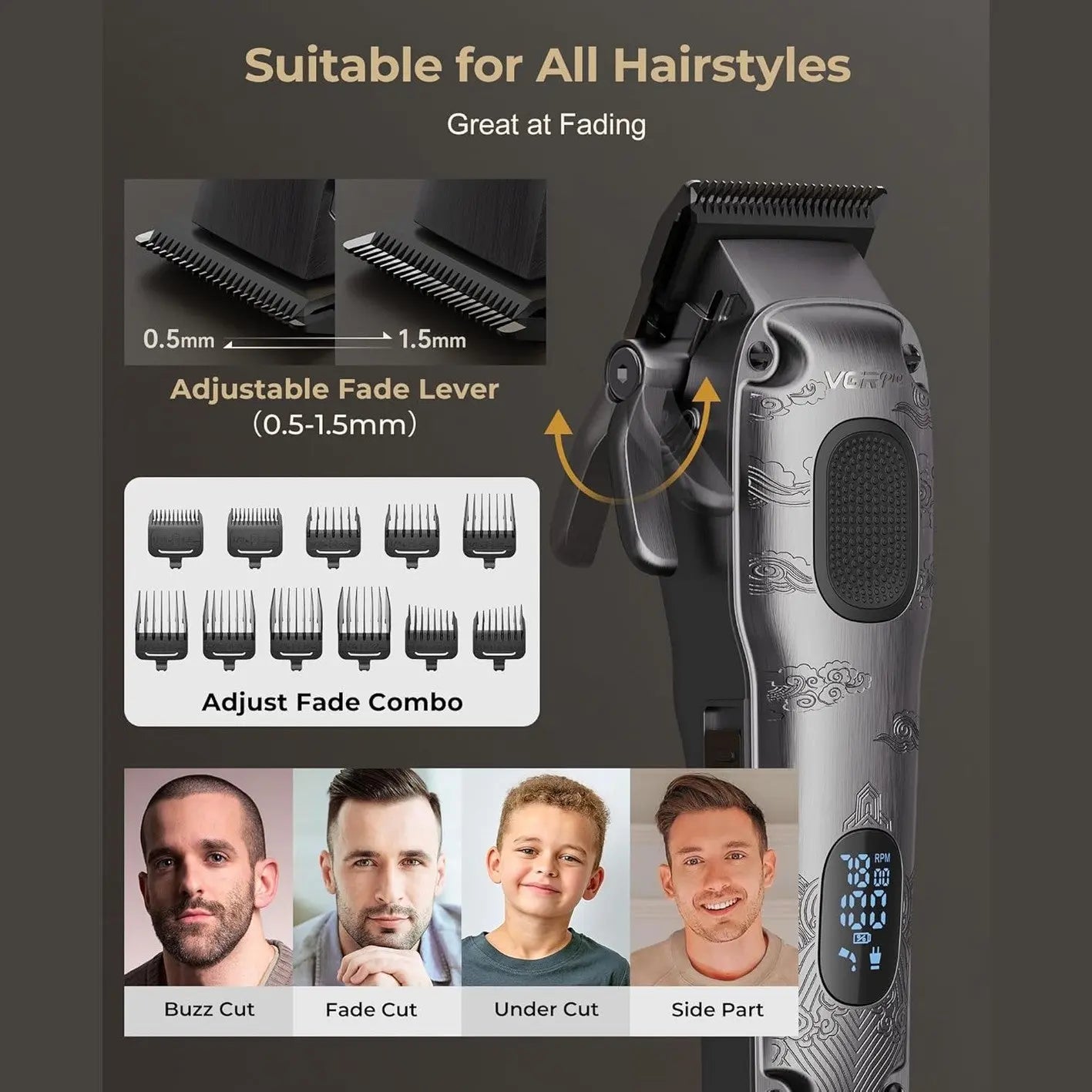 VGRPRO Hair Clippers for Men, Professional Cordless Hair Clippers and Trimmer Set, 4 in 1 Mens Beard Trimmer and Nose Ear Trimmer with Package Box Gray