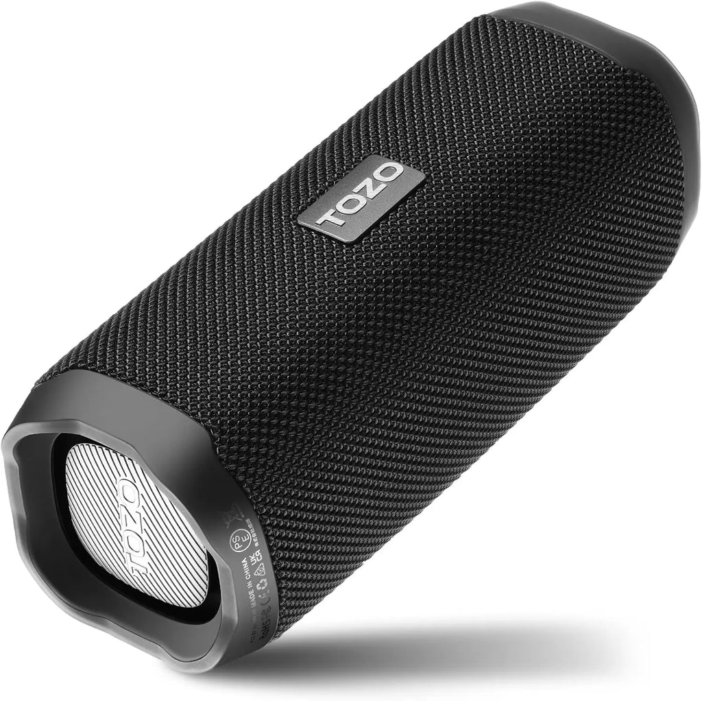 Black TOZO PA2 Bluetooth speaker with textured mesh fabric and dual drivers