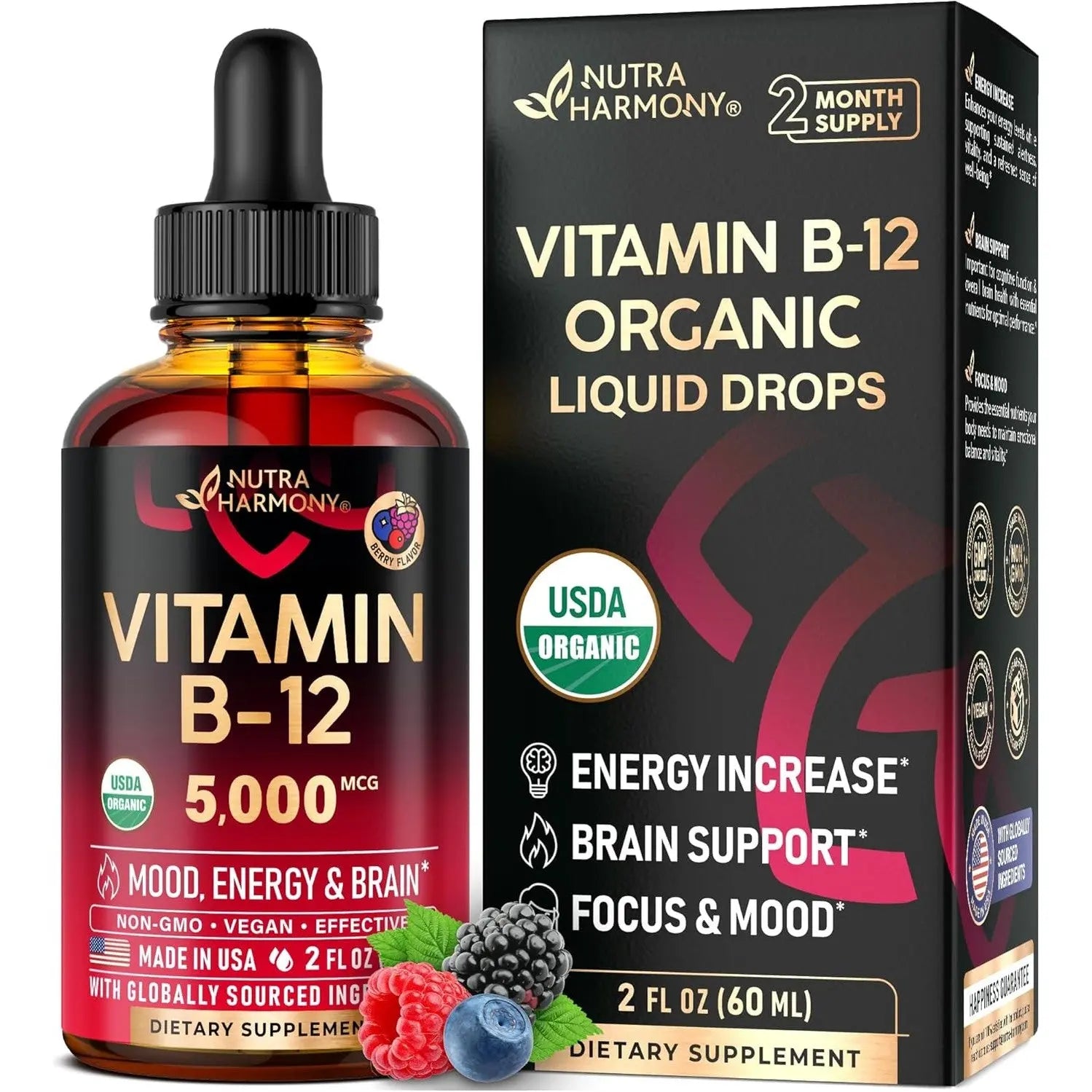 USDA Organic Vitamin B12 Sublingual Drops - 5000 mcg Liquid Vegan Methylcobalamin for Women & Men - Energy Boost, Focus & Mood, Brain Health Support - Maximize Absorption - 2 Month Supply, 2 fl oz