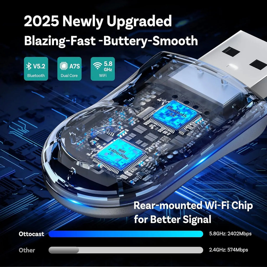 Transparent Ottocast adapter revealing Bluetooth 5.2 and WiFi 5.8GHz internal chips