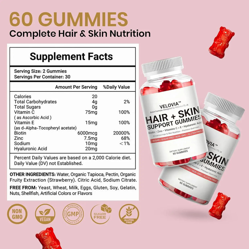 Hair Strength Gummies – Biotin + Zinc + Vitamins C & E – Sugar Free – Supports Stronger, Thicker-Looking Hair – 60 Vegan Gummies (30 Day Supply)