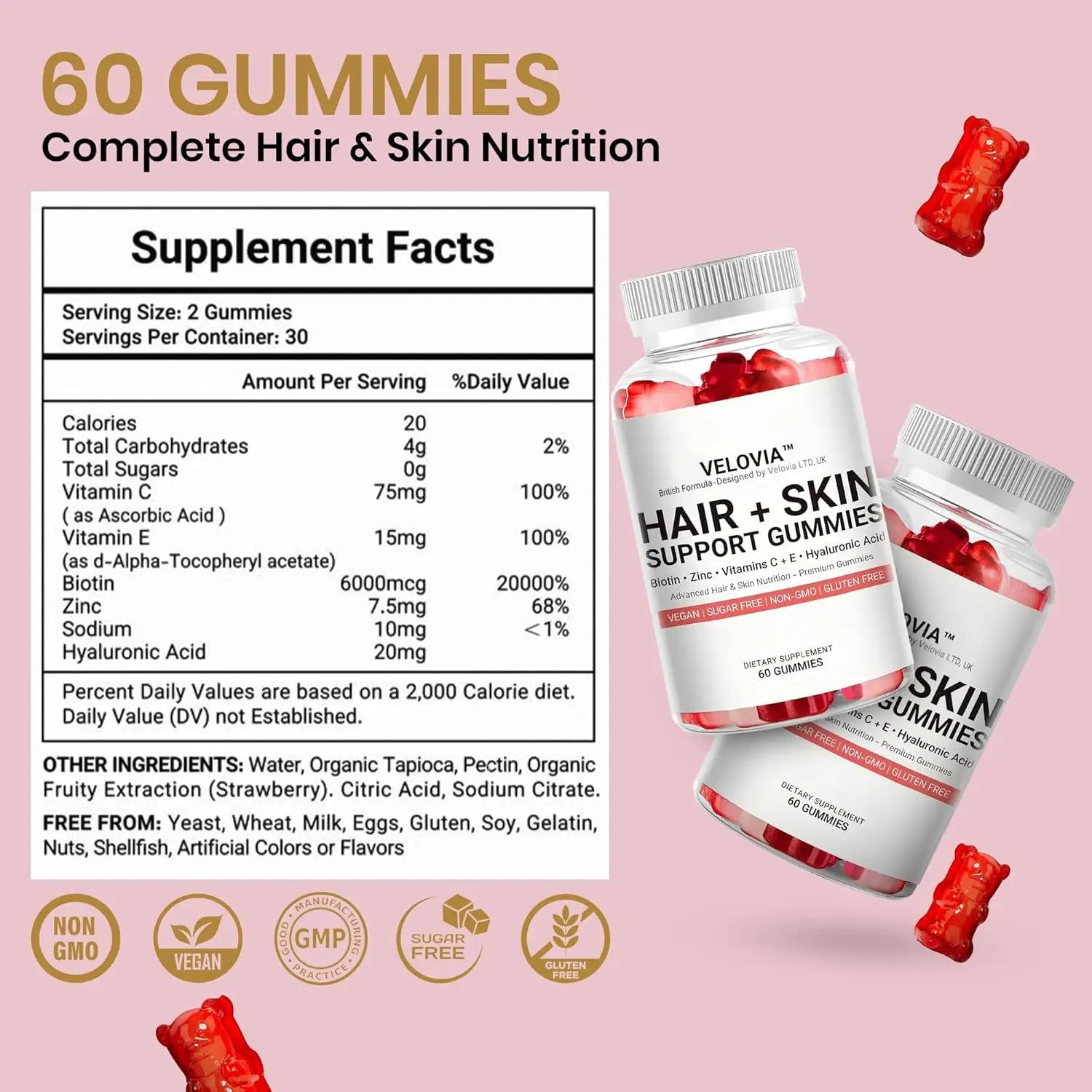 Hair Strength Gummies – Biotin + Zinc + Vitamins C & E – Sugar Free – Supports Stronger, Thicker-Looking Hair – 60 Vegan Gummies (30 Day Supply)