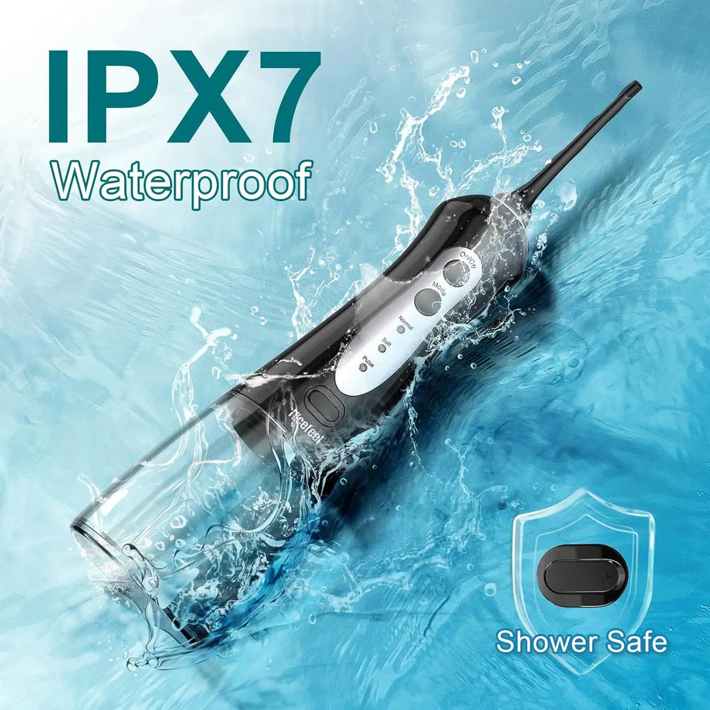 Black IPX7 waterproof cordless water flosser with silver control panel