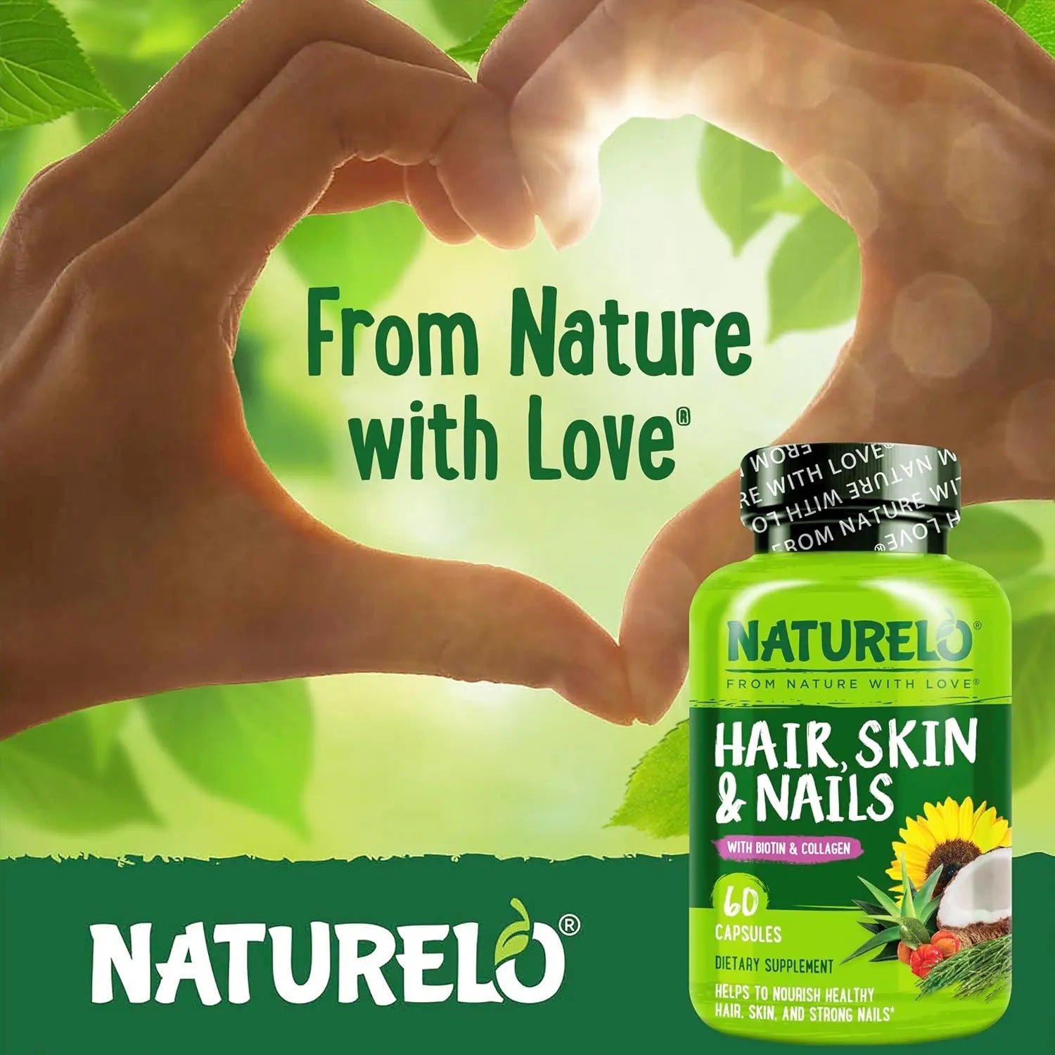 NATURELO Hair, Skin and Nails Vitamins - 5000 mcg Biotin, Collagen, Natural Vitamin E - Supplement for Healthy Skin, Hair Growth for Women and Men – 60 Capsules