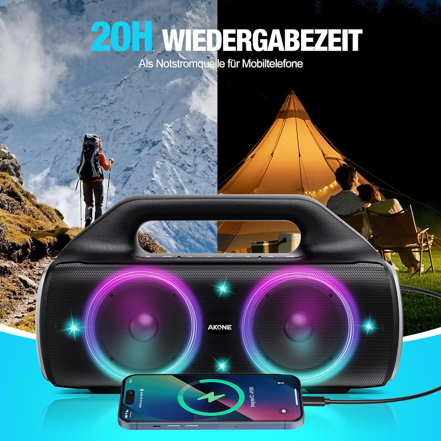 AKONE Portable Bluetooth Speaker, 80W Peak Wireless Outdoor Speaker with LED Light, Deep Bass, 20 Hour Playtime, IP67 Waterproof Bluetooth Speaker, Loud Party Speakers for Camping, Beach, Garage